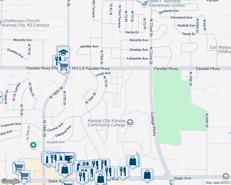 map of restaurants, bars, coffee shops, grocery stores, and more near 1800 North 73rd Terrace in Kansas City