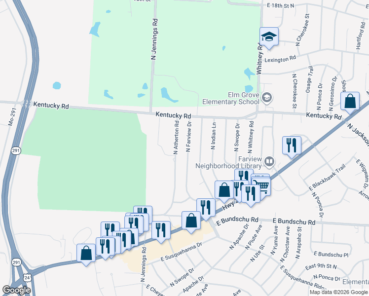map of restaurants, bars, coffee shops, grocery stores, and more near 1210 North Farview Drive in Independence