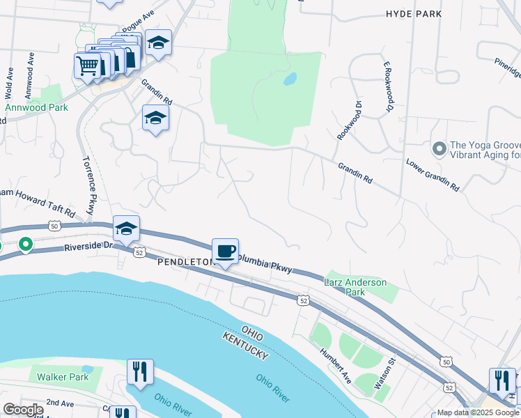 map of restaurants, bars, coffee shops, grocery stores, and more near 18 Weebetook Lane in Cincinnati