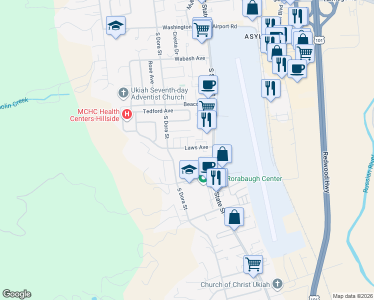 map of restaurants, bars, coffee shops, grocery stores, and more near 19 Laws Avenue in Ukiah