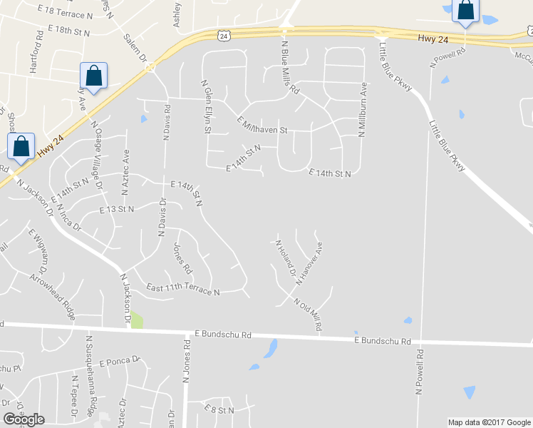 map of restaurants, bars, coffee shops, grocery stores, and more near 1307 North Old Mill Road in Independence
