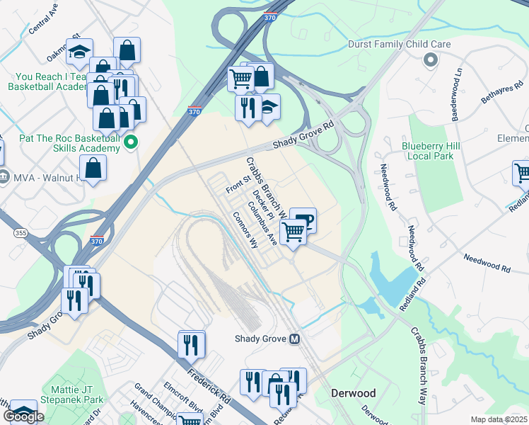 map of restaurants, bars, coffee shops, grocery stores, and more near 16222 Decker Place in Derwood