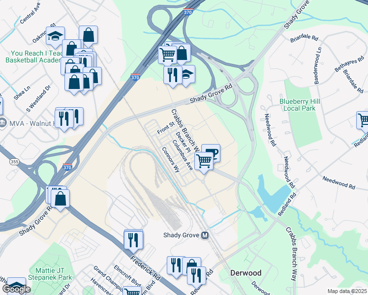 map of restaurants, bars, coffee shops, grocery stores, and more near 16222 Decker Place in Derwood