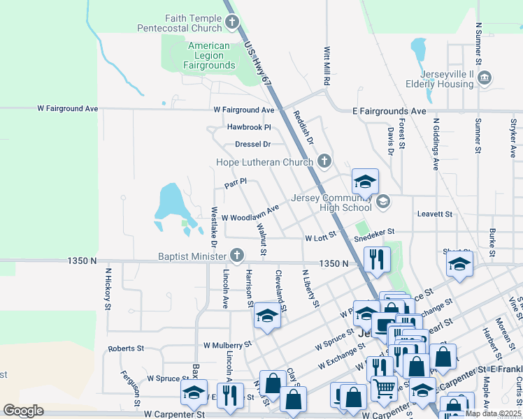 map of restaurants, bars, coffee shops, grocery stores, and more near 505 West Woodlawn Avenue in Jerseyville