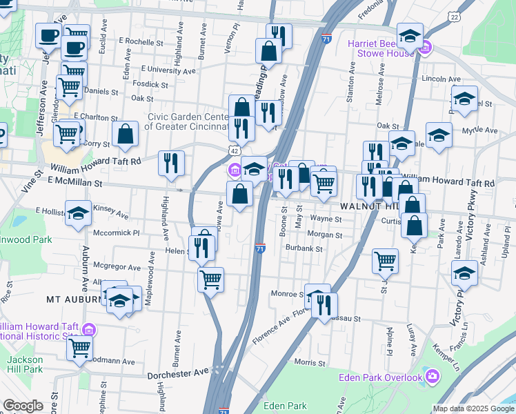 map of restaurants, bars, coffee shops, grocery stores, and more near 2424 Symmes Street in Cincinnati