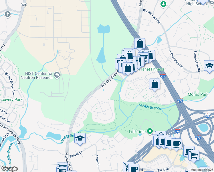 map of restaurants, bars, coffee shops, grocery stores, and more near 409 Muddy Branch Road in Gaithersburg