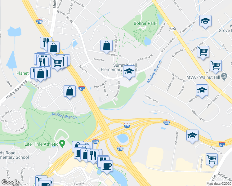 map of restaurants, bars, coffee shops, grocery stores, and more near 563 Summit Hall Road in Gaithersburg