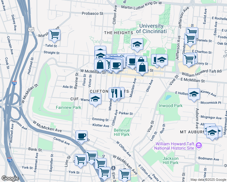 map of restaurants, bars, coffee shops, grocery stores, and more near 2336 Wheeler Street in Cincinnati