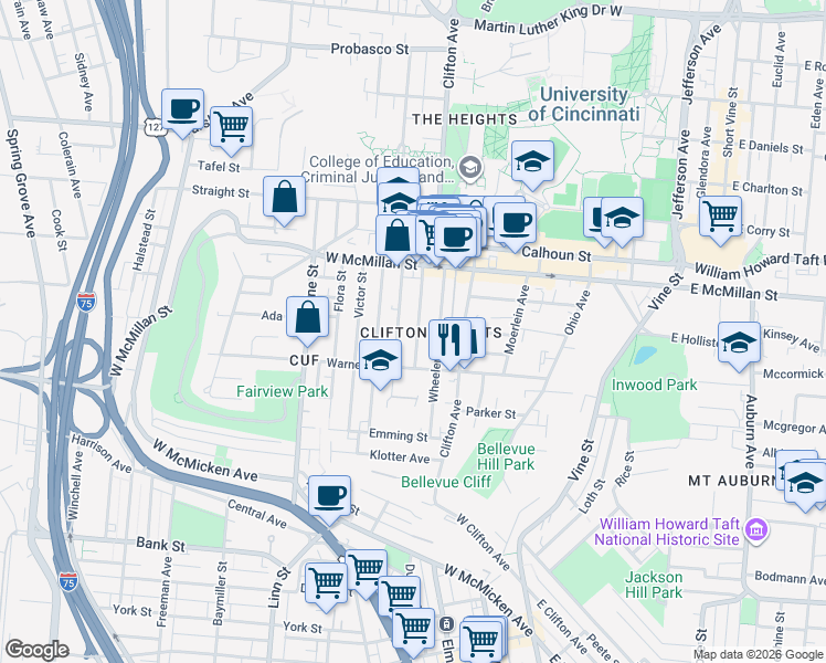 map of restaurants, bars, coffee shops, grocery stores, and more near 2328 Chickasaw Street in Cincinnati