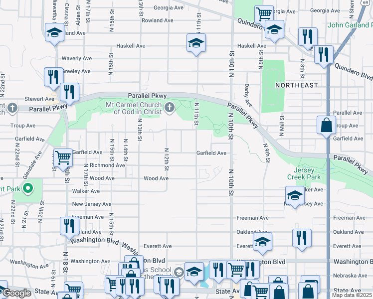 map of restaurants, bars, coffee shops, grocery stores, and more near 1124 Garfield Avenue in Kansas City