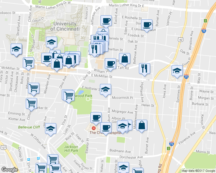 map of restaurants, bars, coffee shops, grocery stores, and more near 2411 Auburn Avenue in Cincinnati