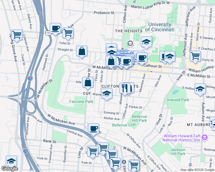 map of restaurants, bars, coffee shops, grocery stores, and more near 2320 Victor Street in Cincinnati