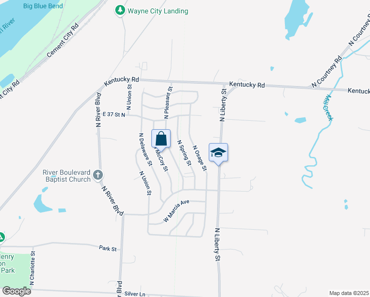 map of restaurants, bars, coffee shops, grocery stores, and more near 3407 North Spring Street in Independence