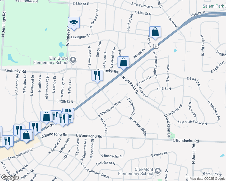 map of restaurants, bars, coffee shops, grocery stores, and more near 18617 Arrowhead Place in Independence
