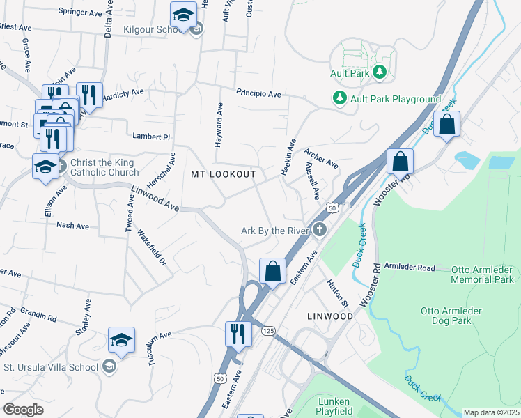 map of restaurants, bars, coffee shops, grocery stores, and more near 1059 Richwood Avenue in Cincinnati