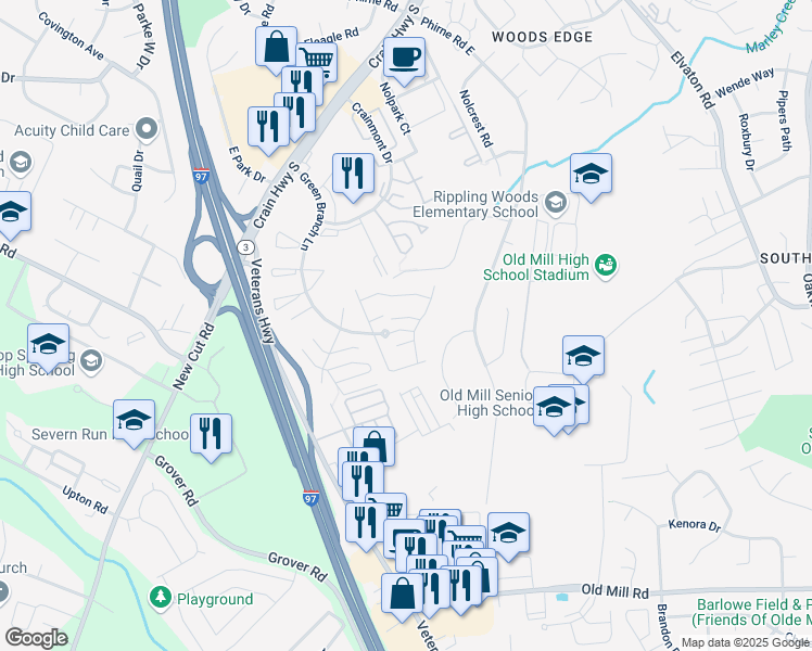 map of restaurants, bars, coffee shops, grocery stores, and more near 523 Bend Circle Road in Glen Burnie