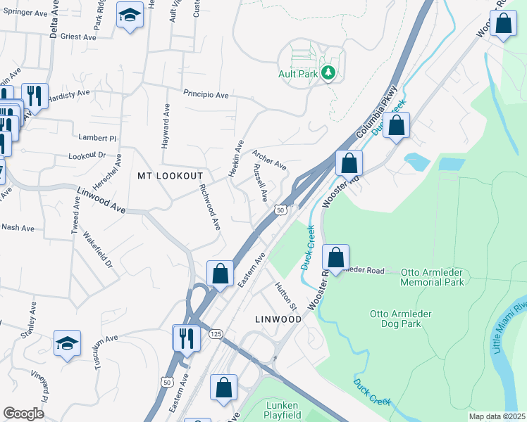 map of restaurants, bars, coffee shops, grocery stores, and more near 3663 Russell Avenue in Cincinnati