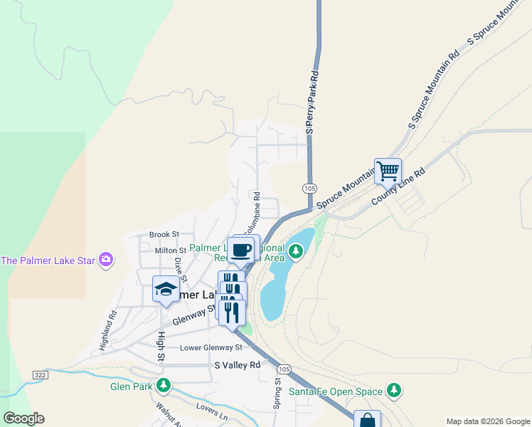 map of restaurants, bars, coffee shops, grocery stores, and more near 6 Page Street in Palmer Lake