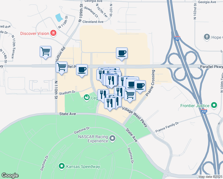 map of restaurants, bars, coffee shops, grocery stores, and more near 1843 Village West Parkway in Kansas City