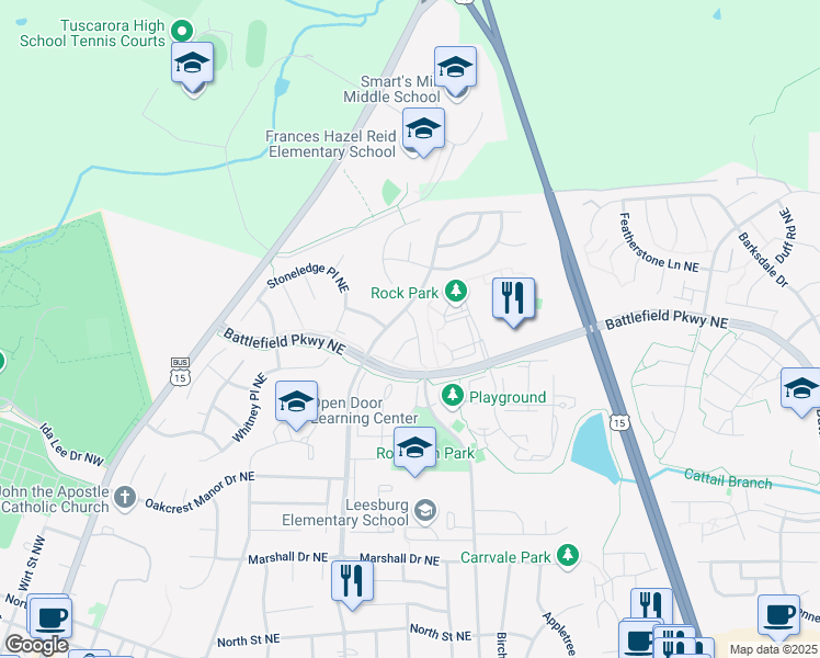 map of restaurants, bars, coffee shops, grocery stores, and more near 703 Southview Place Northeast in Leesburg