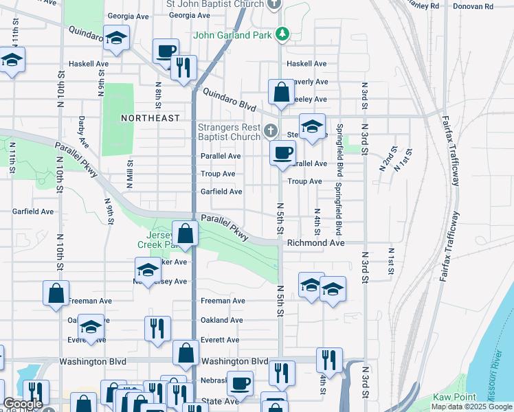 map of restaurants, bars, coffee shops, grocery stores, and more near 1942 North Hallock Street in Kansas City