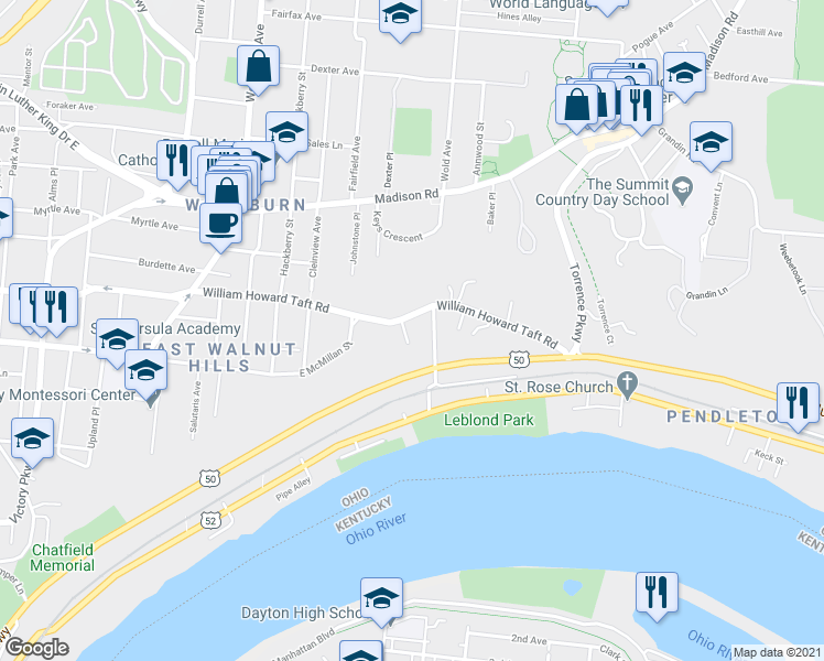 map of restaurants, bars, coffee shops, grocery stores, and more near 429 Collins Avenue in Cincinnati