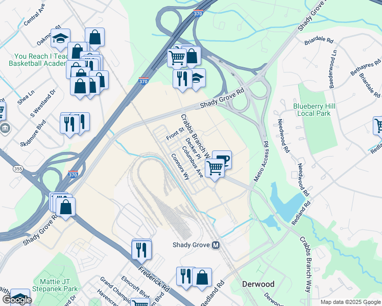 map of restaurants, bars, coffee shops, grocery stores, and more near 8082 Tribeca Street in Derwood
