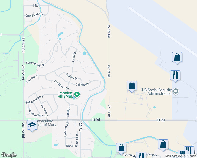 map of restaurants, bars, coffee shops, grocery stores, and more near 2724 Caribbean Drive in Grand Junction