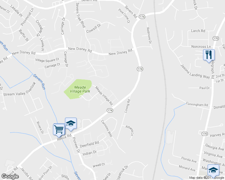 map of restaurants, bars, coffee shops, grocery stores, and more near 8015 Brookstone Court in Severn