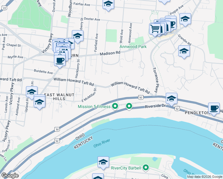 map of restaurants, bars, coffee shops, grocery stores, and more near 429 Collins Avenue in Cincinnati