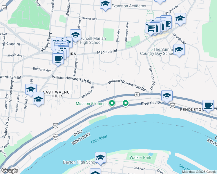 map of restaurants, bars, coffee shops, grocery stores, and more near 429 Collins Avenue in Cincinnati