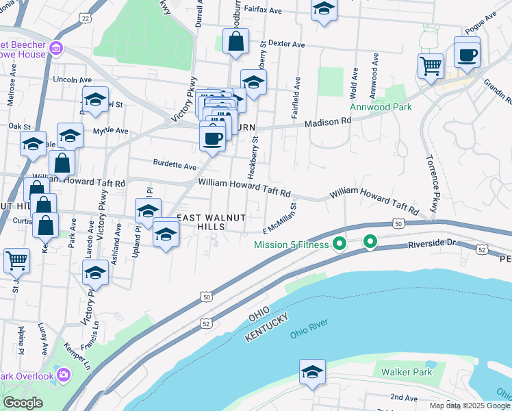 map of restaurants, bars, coffee shops, grocery stores, and more near in Cincinnati