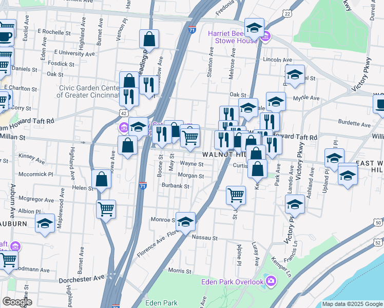 map of restaurants, bars, coffee shops, grocery stores, and more near 731 East McMillan Street in Cincinnati