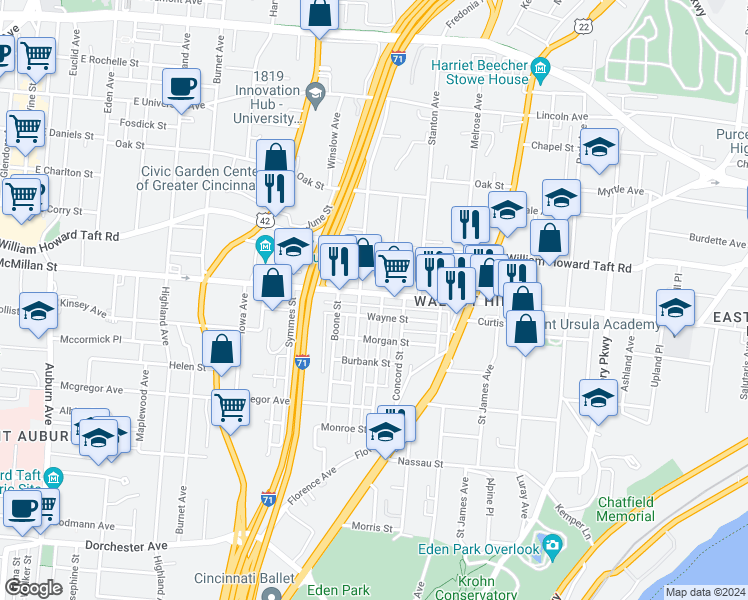 map of restaurants, bars, coffee shops, grocery stores, and more near 701 East McMillan Street in Cincinnati