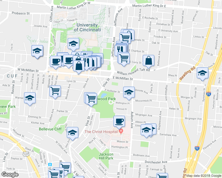 map of restaurants, bars, coffee shops, grocery stores, and more near 30 East Hollister Street in Cincinnati
