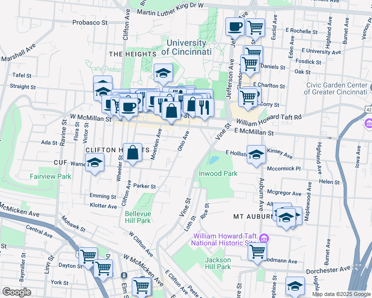 map of restaurants, bars, coffee shops, grocery stores, and more near 2357 Van Lear Street in Cincinnati