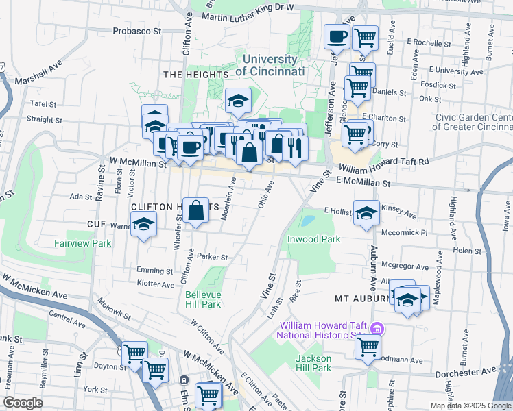 map of restaurants, bars, coffee shops, grocery stores, and more near 2407 Ohio Avenue in Cincinnati