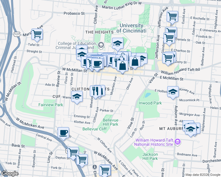 map of restaurants, bars, coffee shops, grocery stores, and more near 2408 Moerlein Avenue in Cincinnati