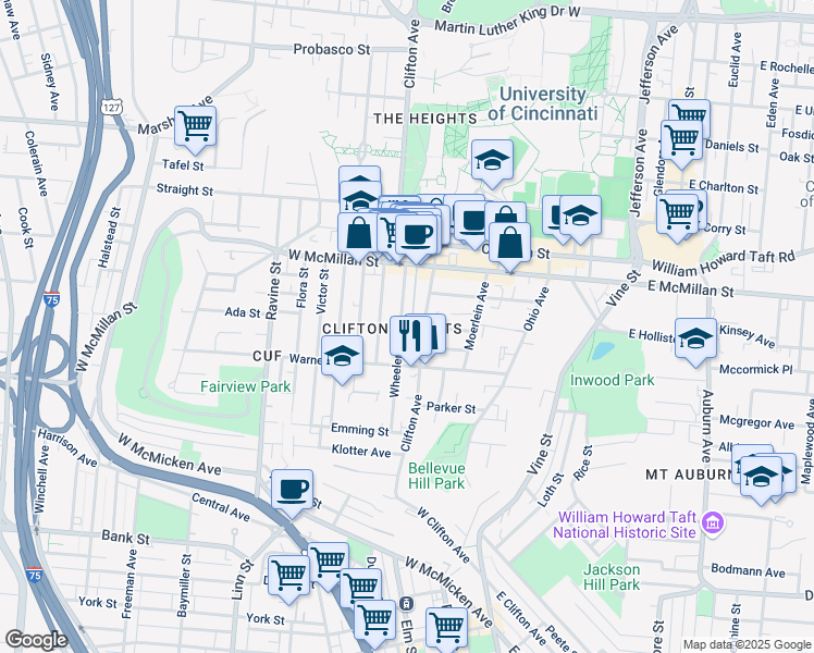 map of restaurants, bars, coffee shops, grocery stores, and more near 2336 Wheeler Street in Cincinnati