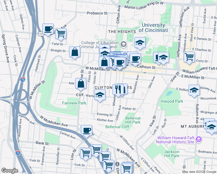 map of restaurants, bars, coffee shops, grocery stores, and more near 2328 Chickasaw Street in Cincinnati