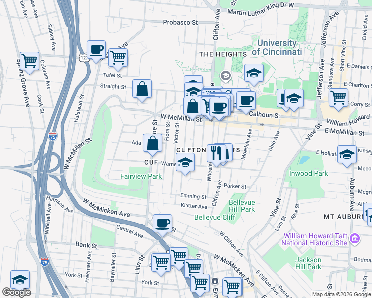 map of restaurants, bars, coffee shops, grocery stores, and more near 2320 Victor Street in Cincinnati