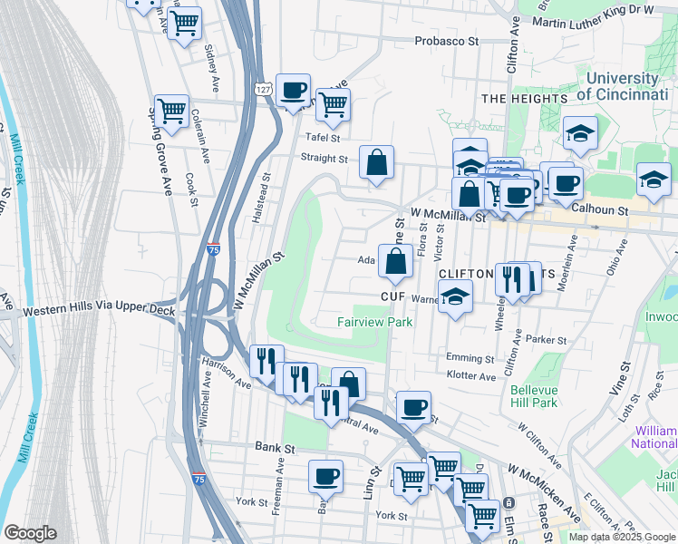 map of restaurants, bars, coffee shops, grocery stores, and more near 2321 Muriel Court in Cincinnati