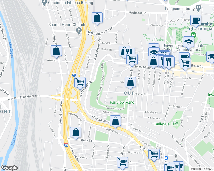 map of restaurants, bars, coffee shops, grocery stores, and more near in Cincinnati