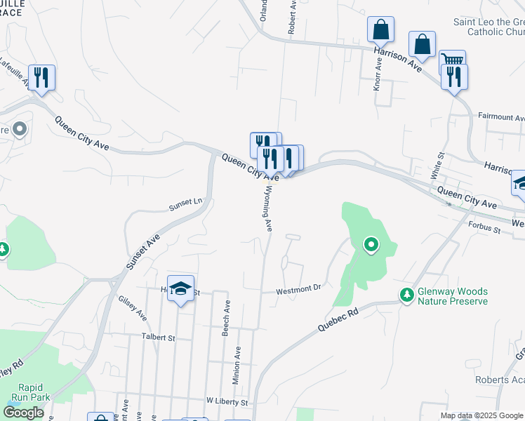 map of restaurants, bars, coffee shops, grocery stores, and more near 2303 Wyoming Avenue in Cincinnati