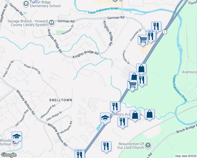 map of restaurants, bars, coffee shops, grocery stores, and more near 9310 Katie Lane in Laurel
