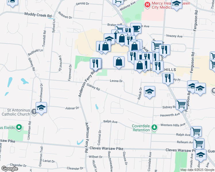 map of restaurants, bars, coffee shops, grocery stores, and more near 1749 Doresa Place in Cincinnati