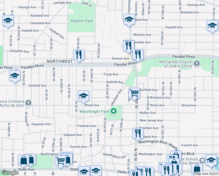 map of restaurants, bars, coffee shops, grocery stores, and more near 1974 Franklin Street in Kansas City