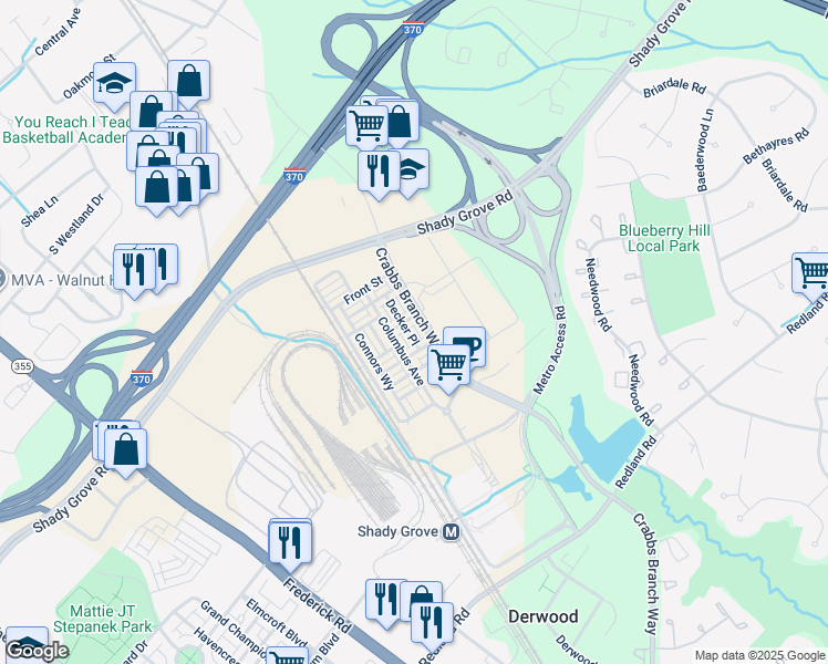 map of restaurants, bars, coffee shops, grocery stores, and more near 16215 Decker Place in Derwood