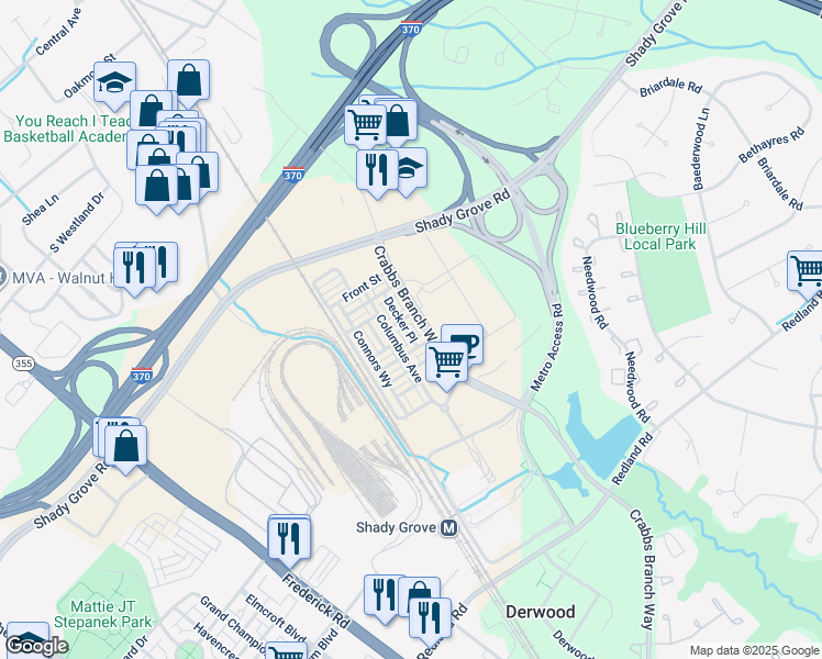 map of restaurants, bars, coffee shops, grocery stores, and more near 16215 Decker Place in Derwood