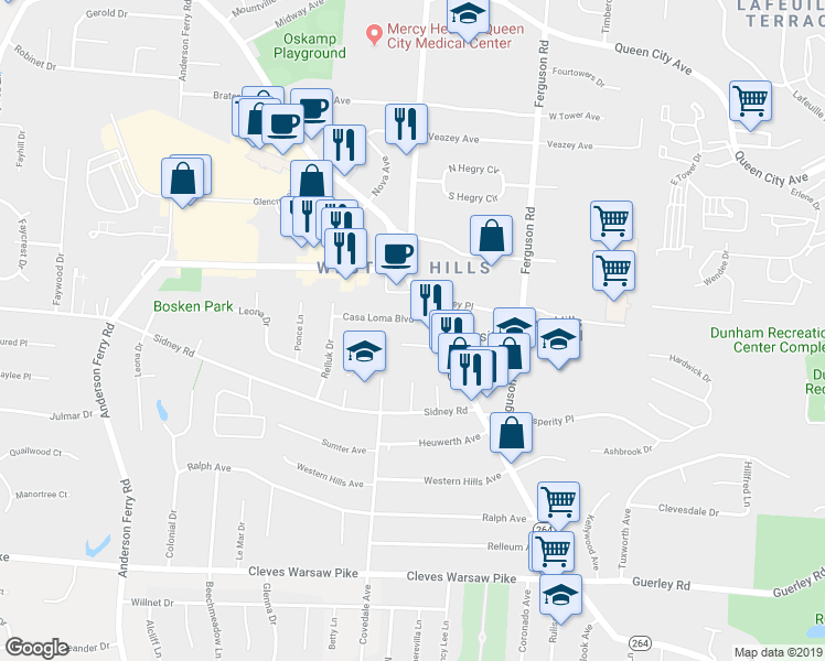 map of restaurants, bars, coffee shops, grocery stores, and more near 5011 Casa Loma Boulevard in Cincinnati
